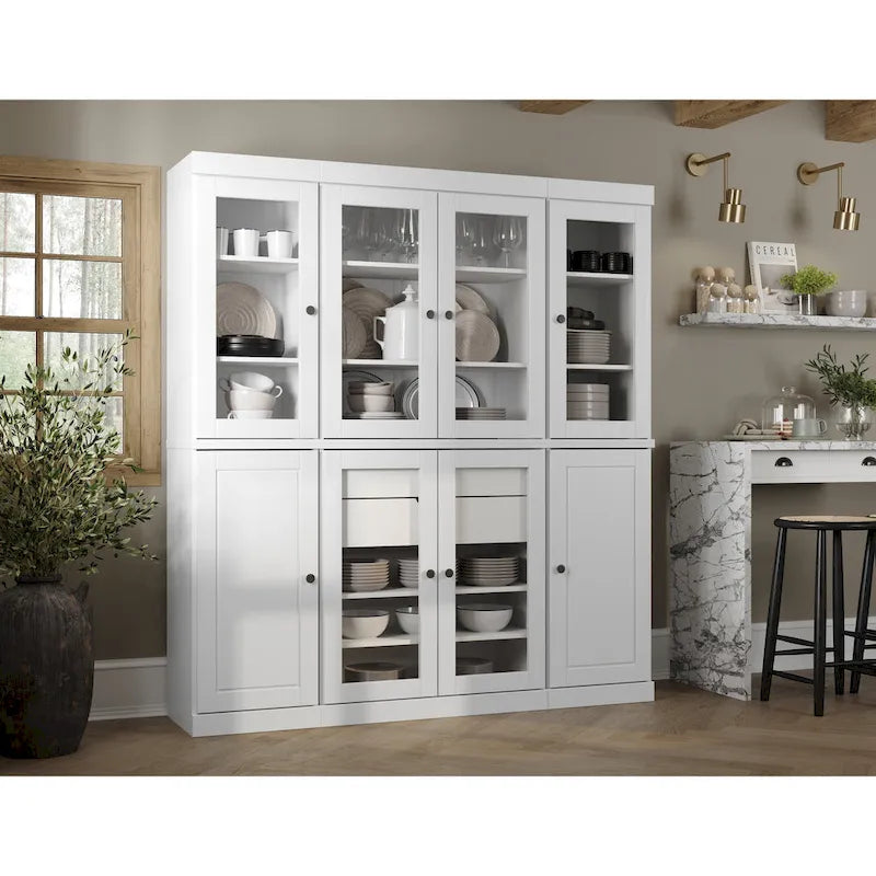 Credenza dispensa da cucina in legno massello al 100%, con ante in vetro o legno massello e kit con 2 cassetti, 65 x 71.5