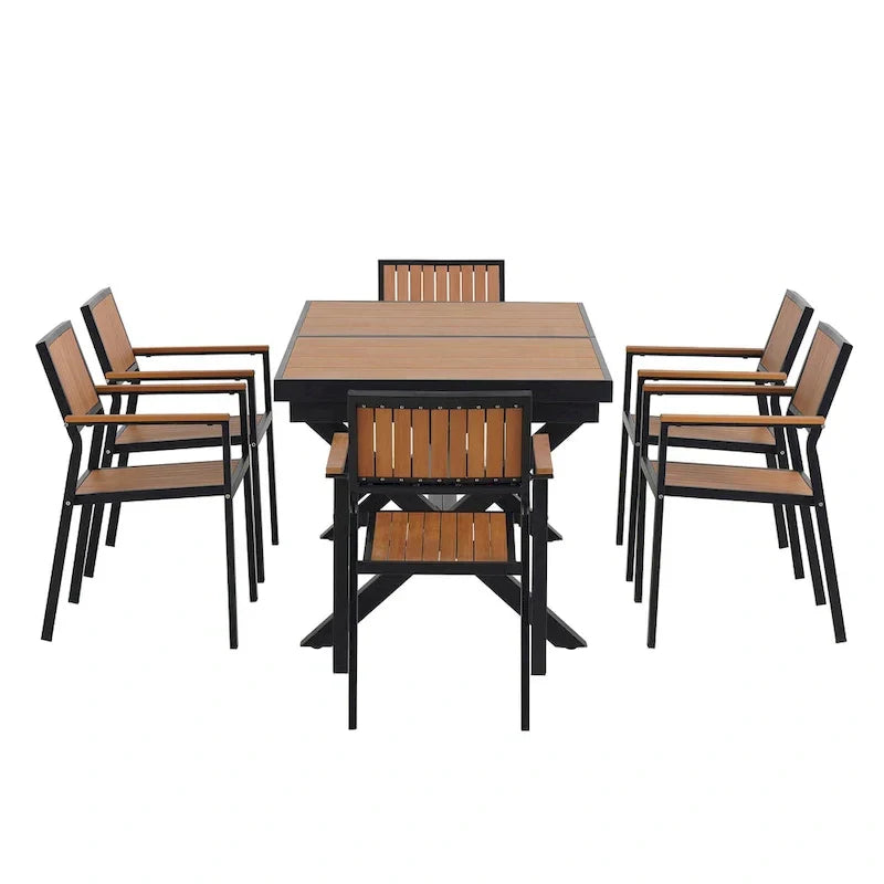 7-teiliges ausziehbares Outdoor-Essset mit ausziehbarem Tisch und 6 Armlehnstühlen