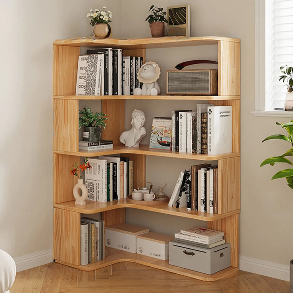 Bücherregal aus vertikalem Holz in L-Form mit offener Rückseite und natürlicher Oberfläche