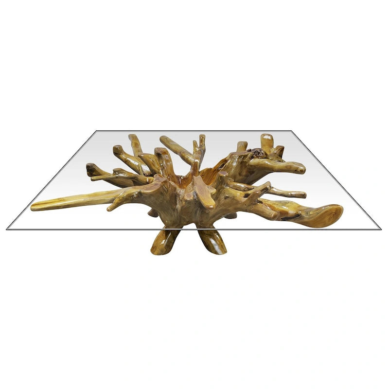 Tavolino da salotto in radice di legno di teak con piano in vetro quadrato da 55 inch