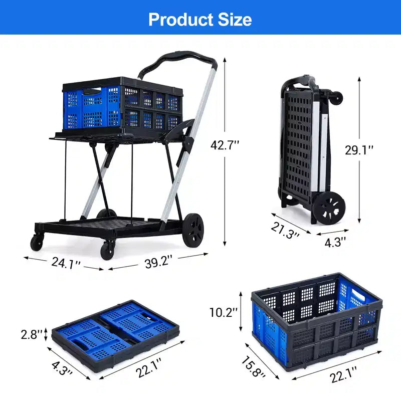 Chariot de courses pliant à 2 niveaux, capacité de 198 LB, chariot de courses portable pliable avec roues et caisse amovible pour centre commercial et marché, bleu