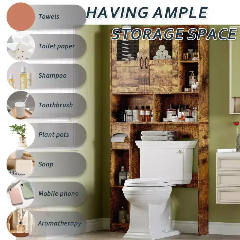 Mobile contenitore sopra il WC - 67.4 H, organizer e contenitore da bagno in stile rustico con ripiano regolabile e anta in vetro per bagno e lavanderia