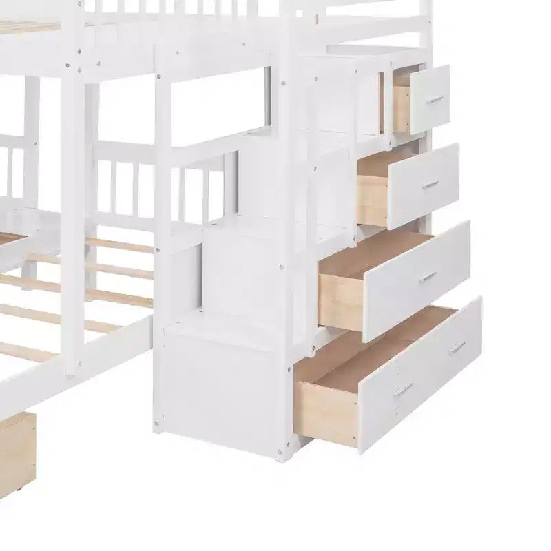 Lit superposé Whisen avec lit double au-dessus de deux lits simples, en bois, avec tiroirs et barrières de sécurité