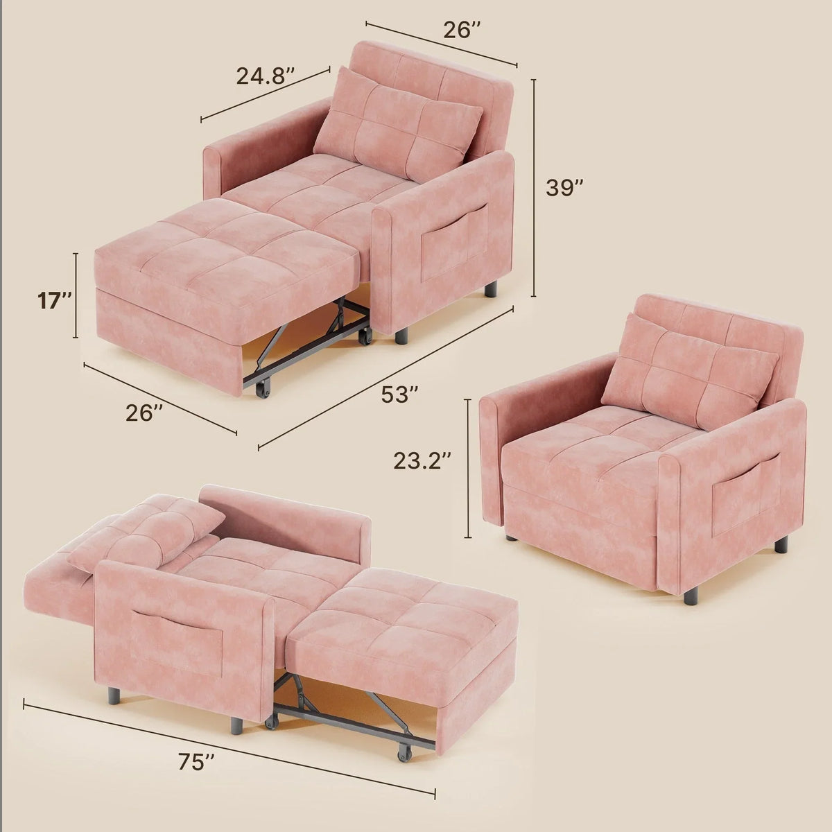 Divano letto trasformabile 3 in 1 con schienale regolabile, poltrona-divano estraibile, letto pieghevole convertibile per soggiorno