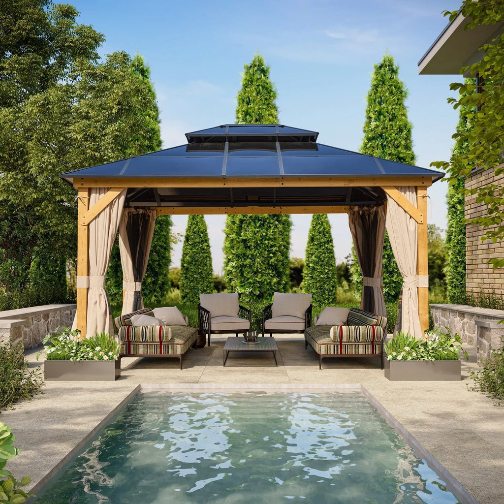 Gazebo EROMMY con tetto rigido, pergola da esterno con doppio tetto, rete e tende, copertura robusta per patio, giardino e feste in piscina