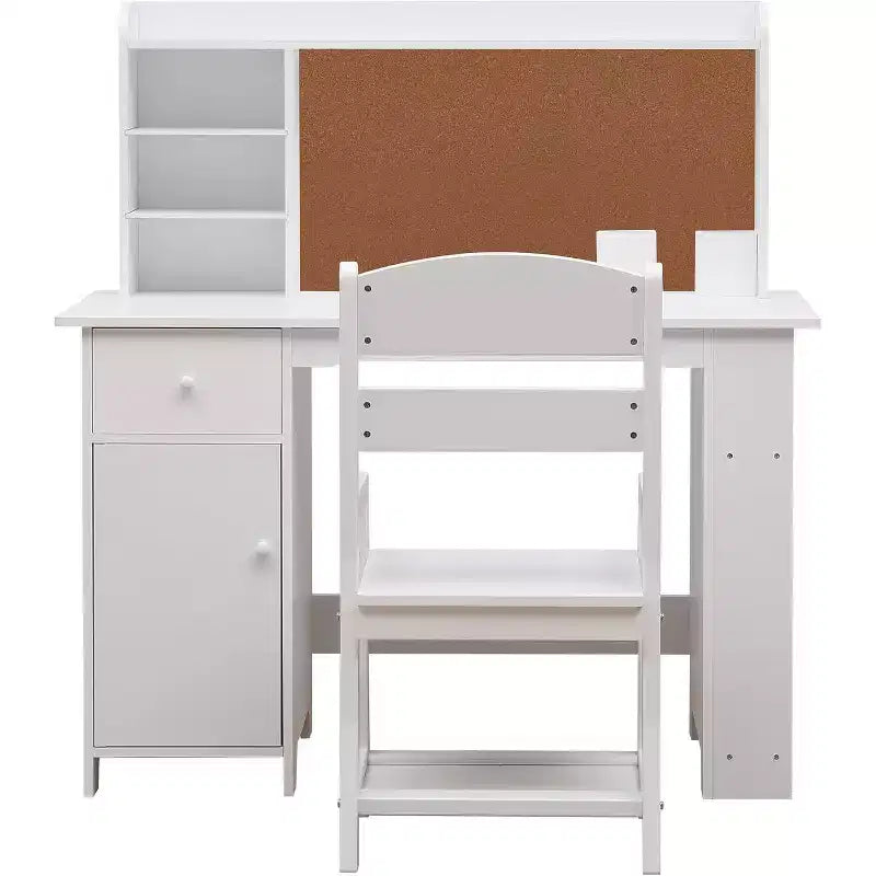 Scrivania e sedia per bambini, set per ragazzi e ragazze, tavolo da studio in legno con libreria, bacheca, armadietto e cassetto, per età da 3 a 8 anni