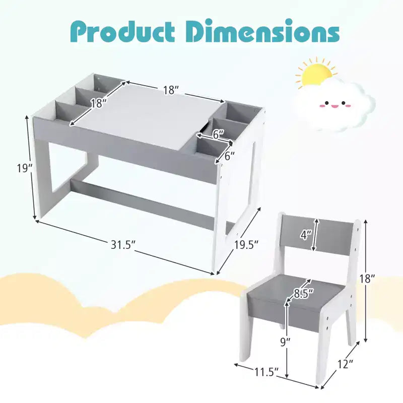 Costway multifunktionales Kindertisch- und 2-Stühle-Set mit abnehmbarer, doppelt großer Tischplatte, Grau + Weiß/Natur + Weiß