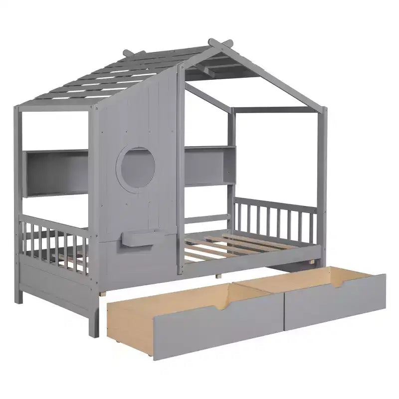 Lit cabane en bois format simple/double avec 2 tiroirs, lit pour enfant avec étagère de rangement - ModernLuxe