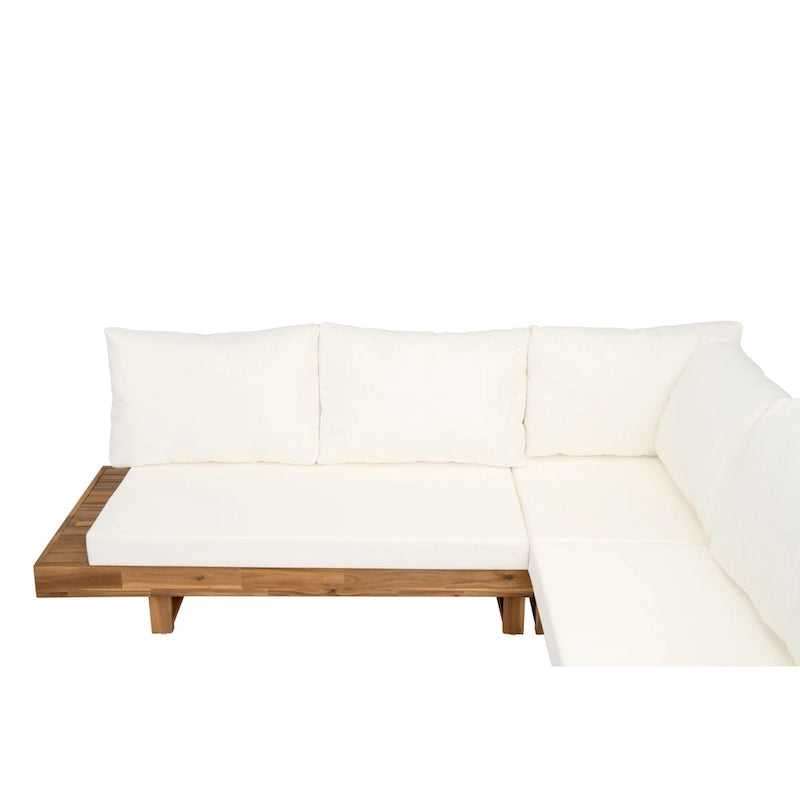 LSet di divani componibili angolari per patio con tavolo, chaise longue da esterno in legno, set conversazione da 4 pezzi