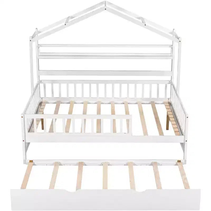 Acekool Hausbettgestell in Doppelbettgröße mit ausziehbarem Einzelbett, Schubladen und Ablagen, Dach und Zaun, Kinder-Platformbett, weiß
