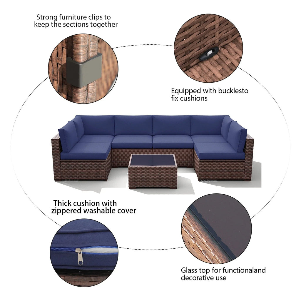 7-teiliges Outdoor-Ecksofaset aus Rattan und Stahl mit Kissen