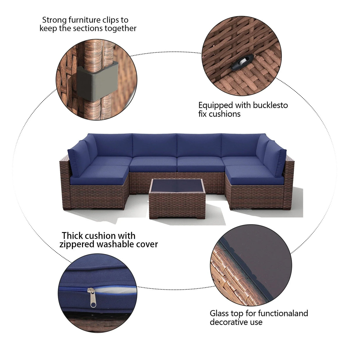 7-teiliges Outdoor-Ecksofaset aus Rattan und Stahl mit Kissen