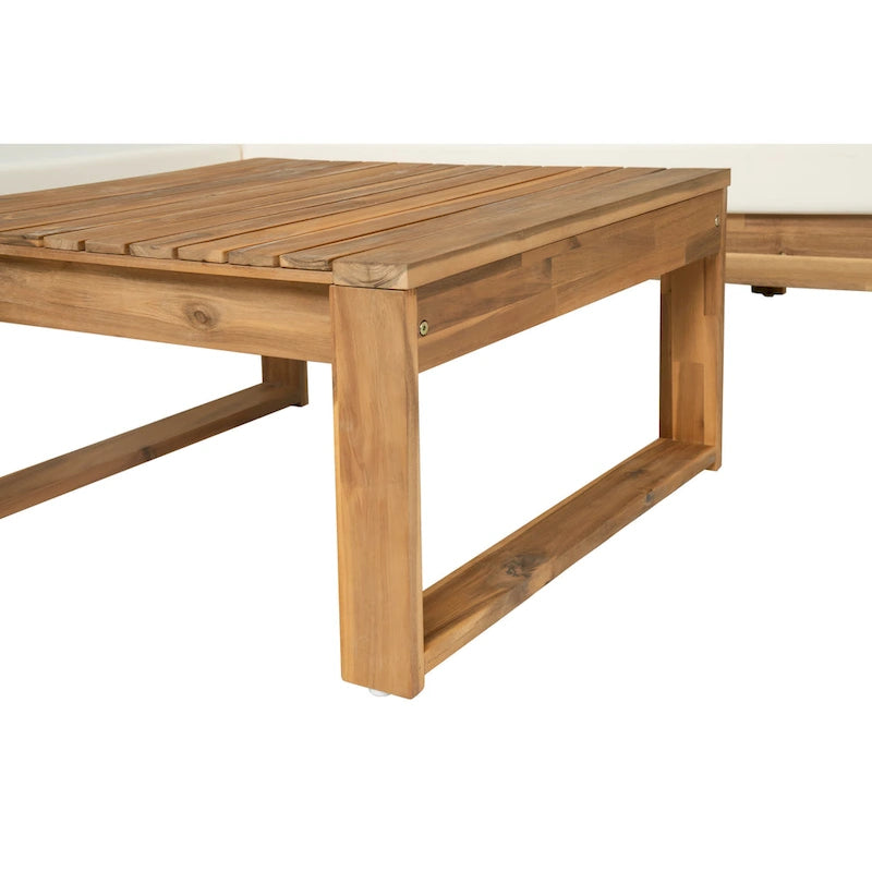 LSet di divani componibili angolari per patio con tavolo, chaise longue da esterno in legno, set conversazione da 4 pezzi