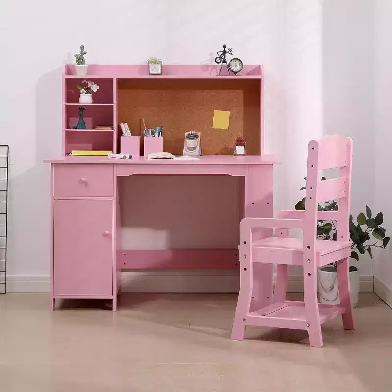 Scrivania e sedia per bambini, set per ragazzi e ragazze, tavolo da studio in legno con libreria, bacheca, armadietto e cassetto, per età da 3 a 8 anni