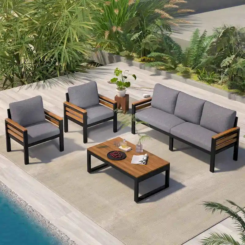 Ensemble de canapé d'extérieur 4 pièces pour 5 personnes, avec table basse en bois massif et coussins amovibles
