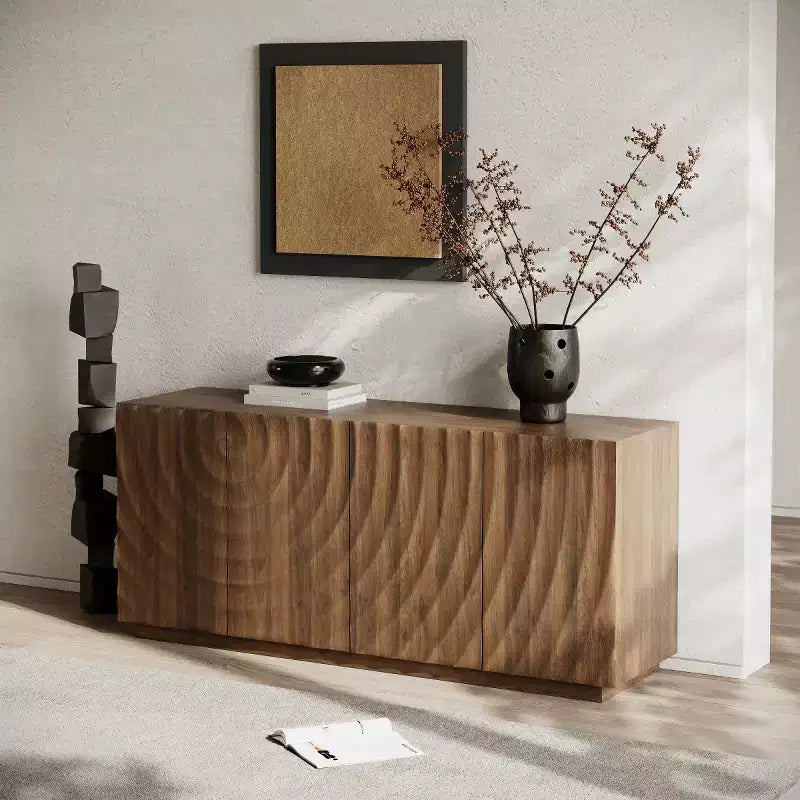 59 modern spiraalvormig dressoir, laag opbergmeubel voor de hal met deuren met 3D-ribbelstructuur
