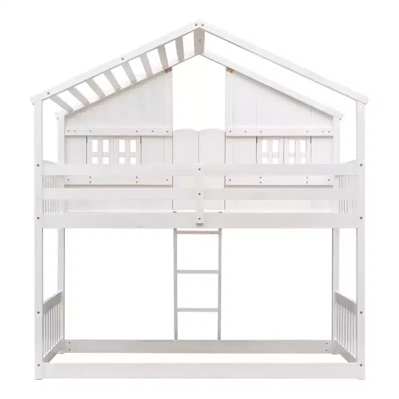 Letto a soppalco a forma di casetta per letto singolo, in legno, con scala e sponde di protezione per bambini