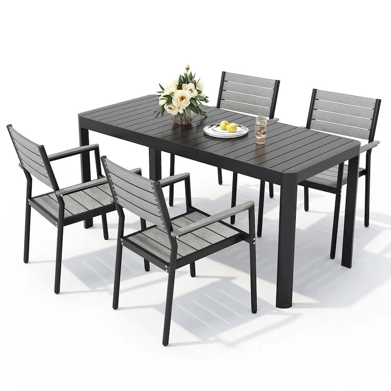 Set da pranzo da esterno in alluminio da 5/7 pezzi con sedie impilabili e tavolo allungabile