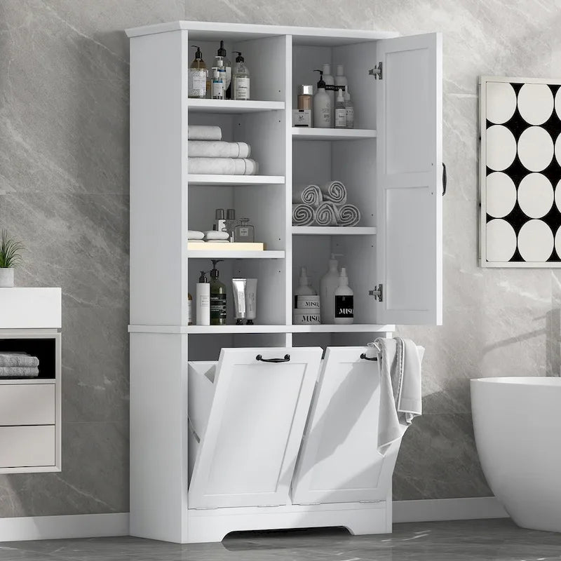Meuble de rangement de salle de bain avec tiroirs, panier à linge basculant, plusieurs espaces de rangement, étagère ouverte et étagère réglable