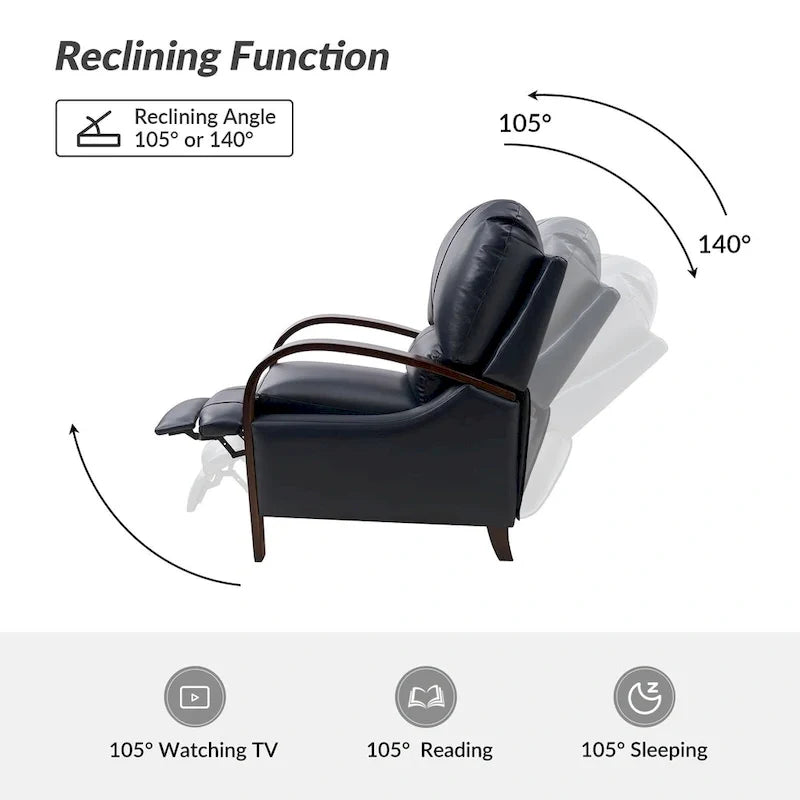 Alex handmatige relaxfauteuil van echt sigarenkleurig leer in mid-century moderne stijl, met gebogen houten armleuningen