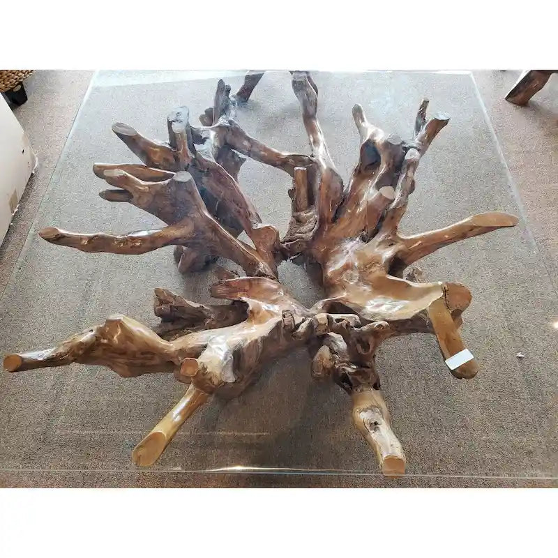 Tavolino da salotto in radice di legno di teak con piano in vetro quadrato da 55 inch
