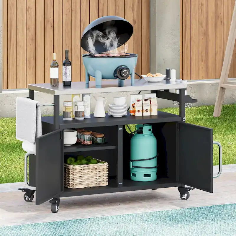 Outdoor-Kücheninsel mit Tischplatte aus Edelstahl, Metall-Grillwagen mit Aufbewahrungsschrank - N/A