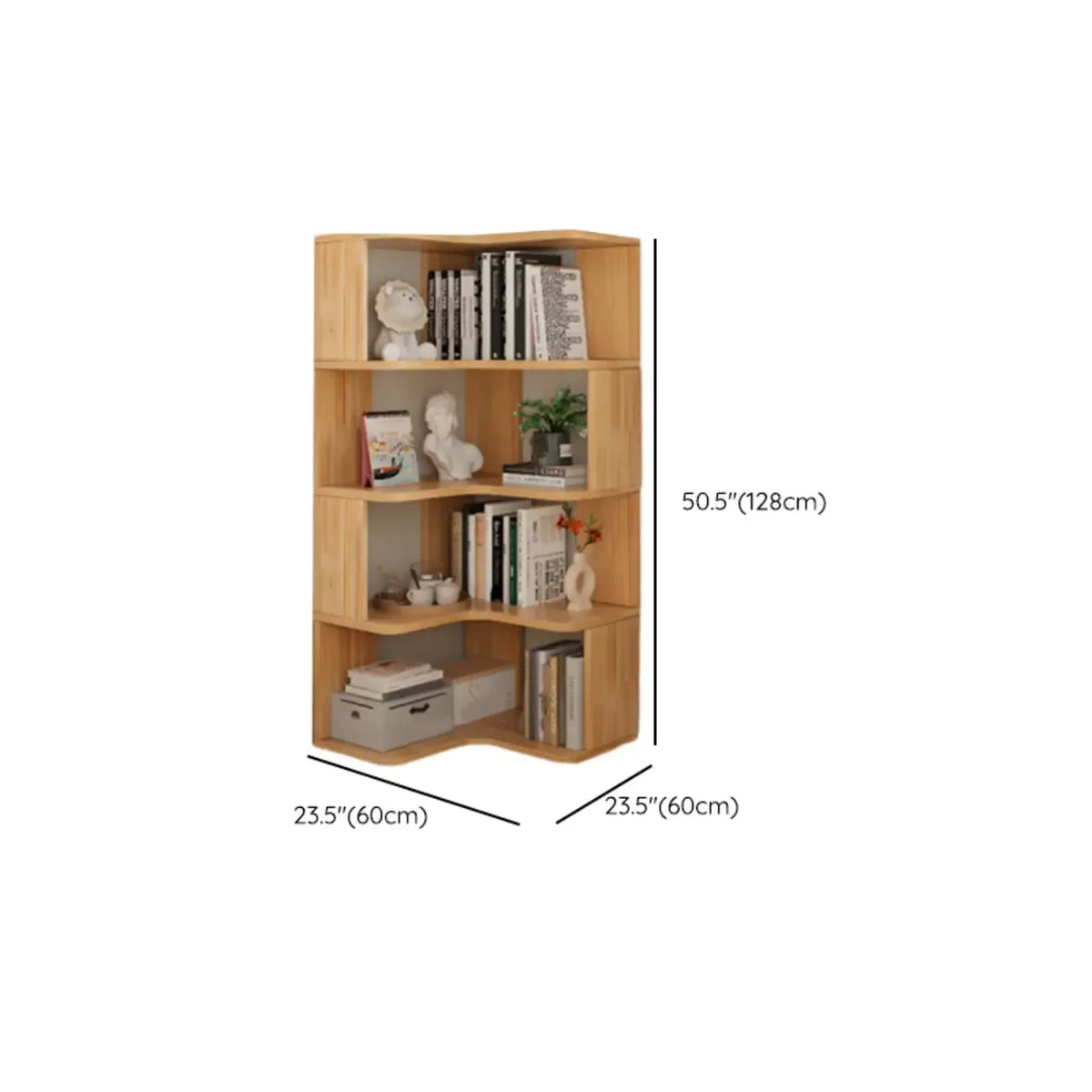 Bücherregal aus vertikalem Holz in L-Form mit offener Rückseite und natürlicher Oberfläche