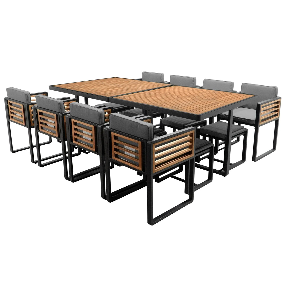 Eetset voor op het terras van acaciahout, 18-delig, met 8 stoelen met kussens, 8 ottomanen en 2 vierkante tafels