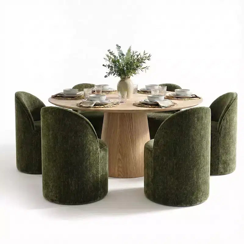 Moderne eethoek voor 6 personen, ronde eettafel met centrale voet, draaibare kuipstoelen op wieltjes, chenillestof met structuur - Panipeachy