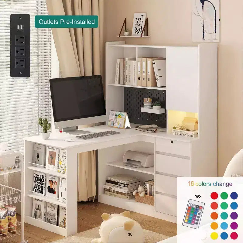 Hoekbureau van 46 inch in L-vorm met boekenplank en lades