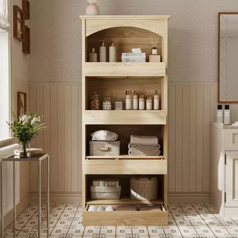 Mobile contenitore da bagno in legno con ripiani e cassetto organizer per articoli da toilette