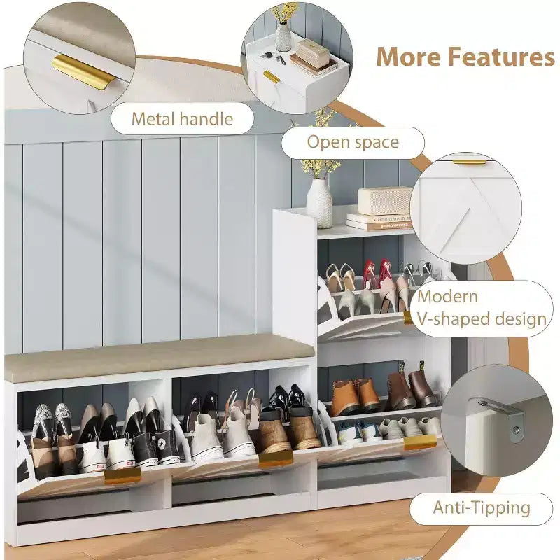 Meuble à chaussures avec banc et 4 tiroirs basculants - Rangement étroit pour entrée, pour 35-40 paires