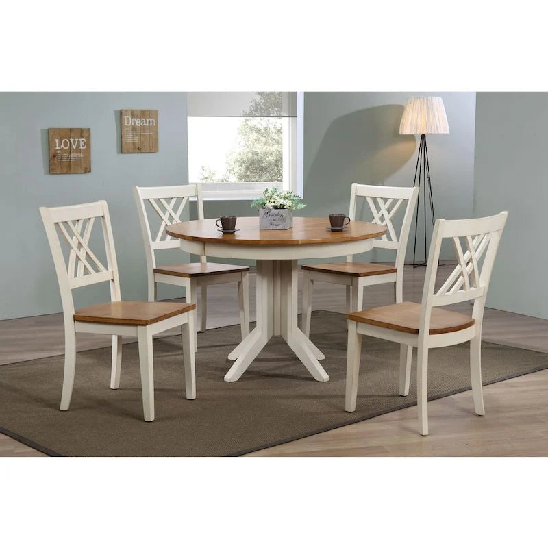 Set da pranzo contemporaneo da 5 pezzi color caramello/biscotto anticato con schienali a doppia X