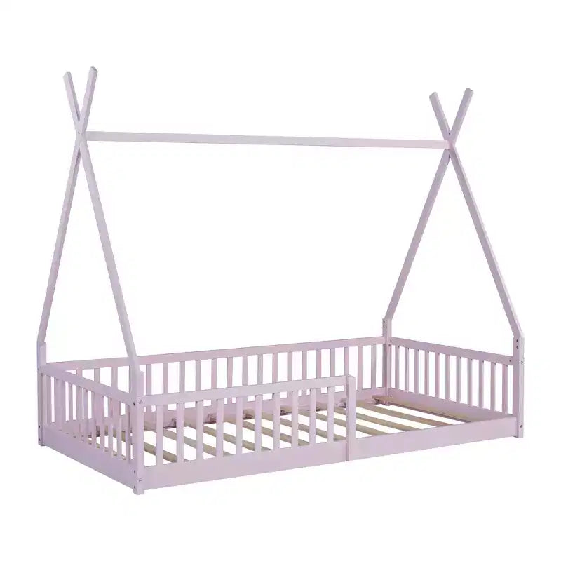 Vloerbed voor kinderen, tentbedden in eenpersoonsformaat, Montessori-vloerbed met latten en hekwerk, houten huisbedframe voor jongens en meisjes