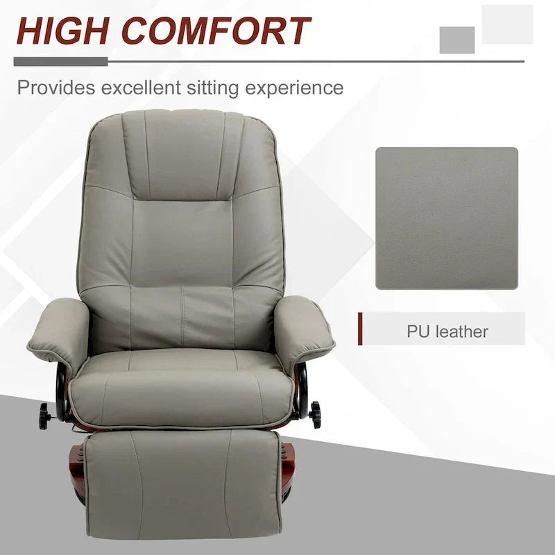 HomCom verstelbare handmatige relaxfauteuil van imitatieleer met draaivoet en comfortabele, ontspannende voetensteun