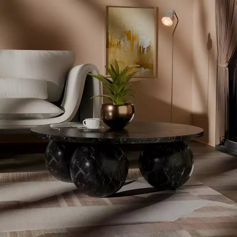 Table basse ronde en marbre avec pieds sphériques, multicolore, pour 4 personnes??
