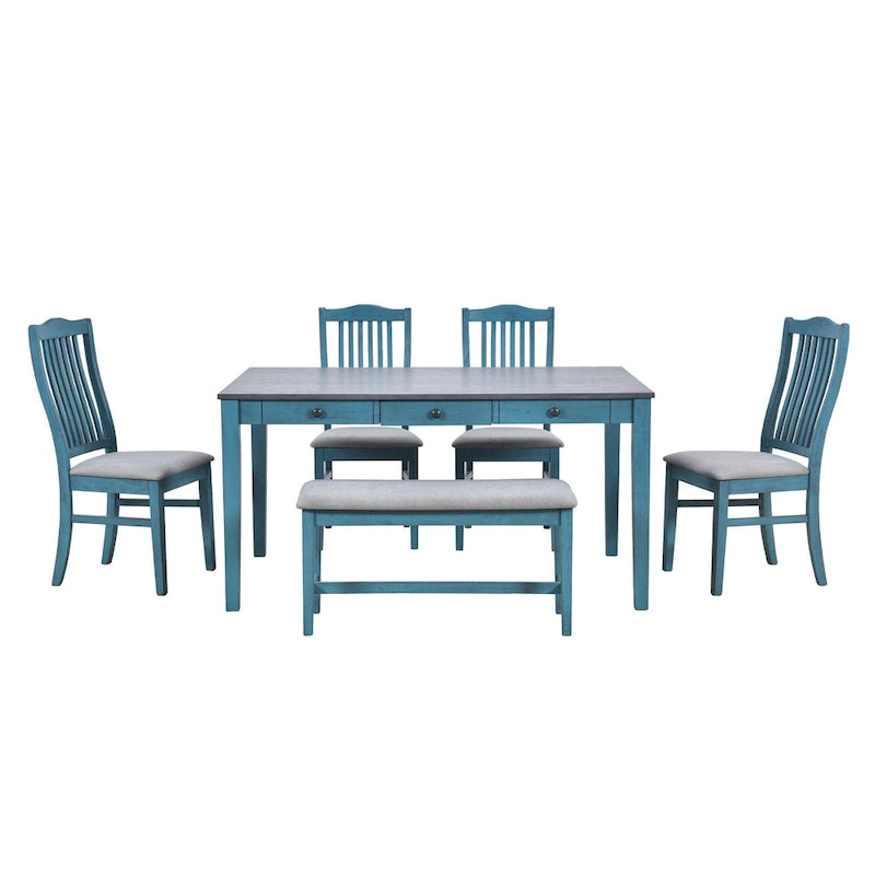 Ensemble de salle à manger en bois de 6 pièces avec 4 chaises et un banc, table avec tiroir