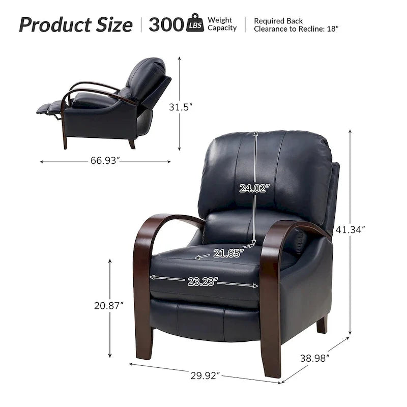 Alex handmatige relaxfauteuil van echt sigarenkleurig leer in mid-century moderne stijl, met gebogen houten armleuningen