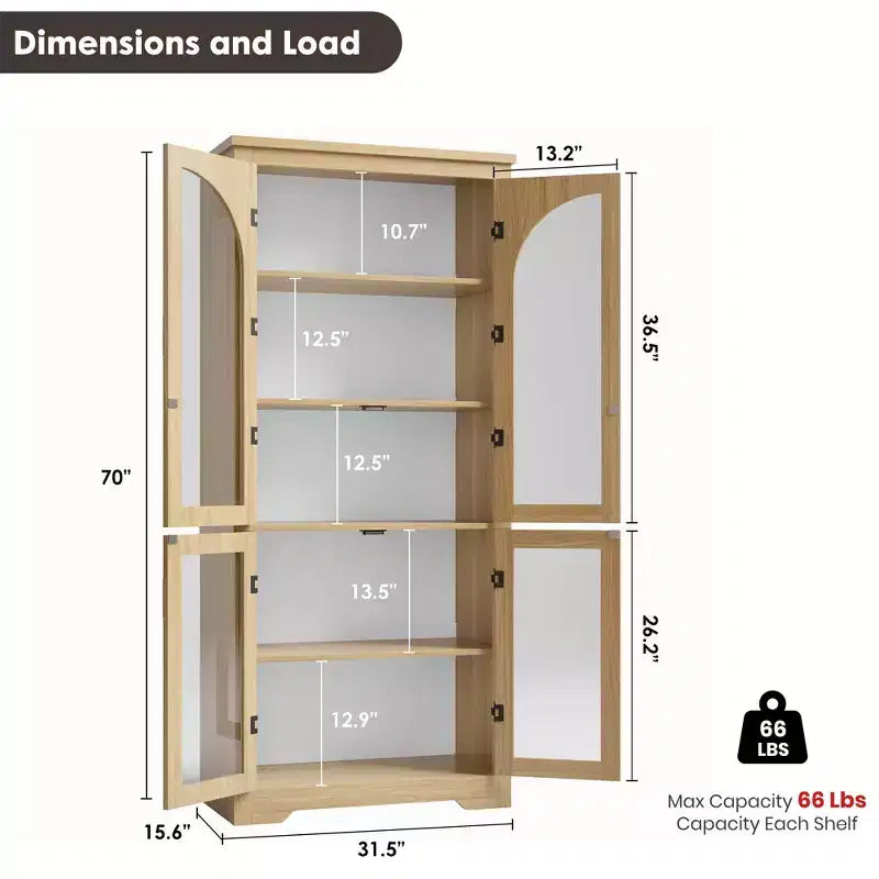 70 hohe Küchenvorratsschrank, moderner Vitrinenschrank mit 4 gewölbten Glastüren und verstellbaren Einlegeböden, für Küche, Wohnzimmer, Esszimmer und Badezimmer