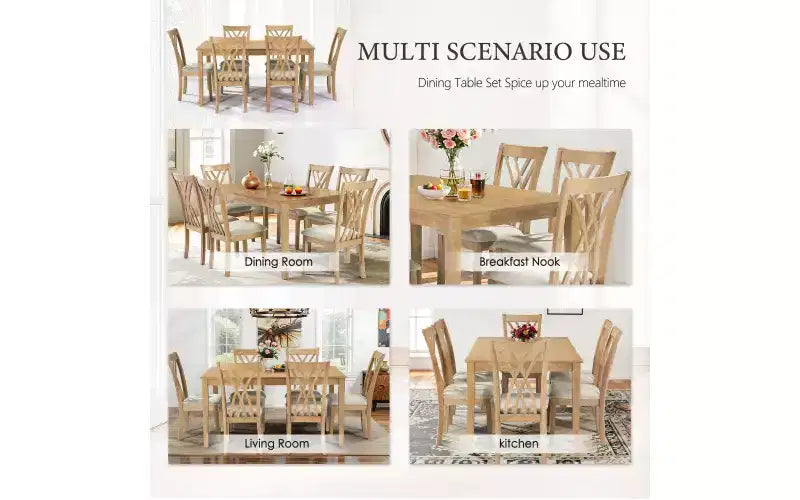 Set da pranzo Zevemomo da 7 pezzi in legno massello con 6 sedie imbottite, set tavolo e sedie salvaspazio, per sala da pranzo e cucina, colore legno naturale