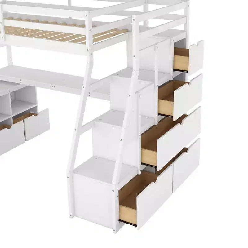 Hochbett in Einzelbettgröße mit 7 Schubladen, 2 Regalböden, Schrank und Schreibtisch für Kinder und Teenager