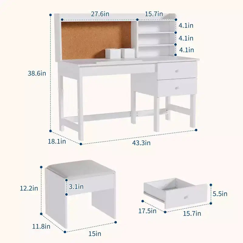 Schreibtisch- und Stuhlset für Kinder, hölzerner Lerntisch mit verstellbarer, neigbarer Tischplatte, Schubladen und Korktafel - Lernschreibtisch-Set für Kinder