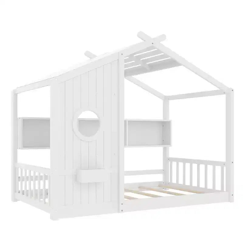 Bodenbett in Hausform für Kinder, Montessori-Spielhausbett mit Ablagefach und Dachdesign