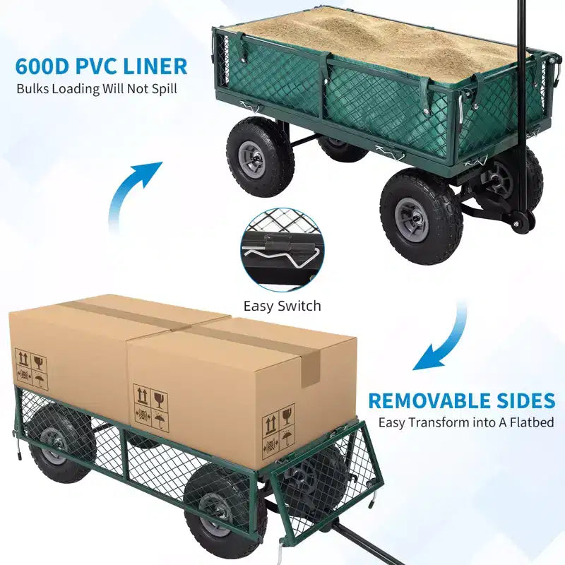 Robuster Stahl-Gartenwagen, 500 Lbs, klappbarer Transportwagen mit abnehmbaren Netzseiten und Einlage, 10 Luftreifen, Zuggriff