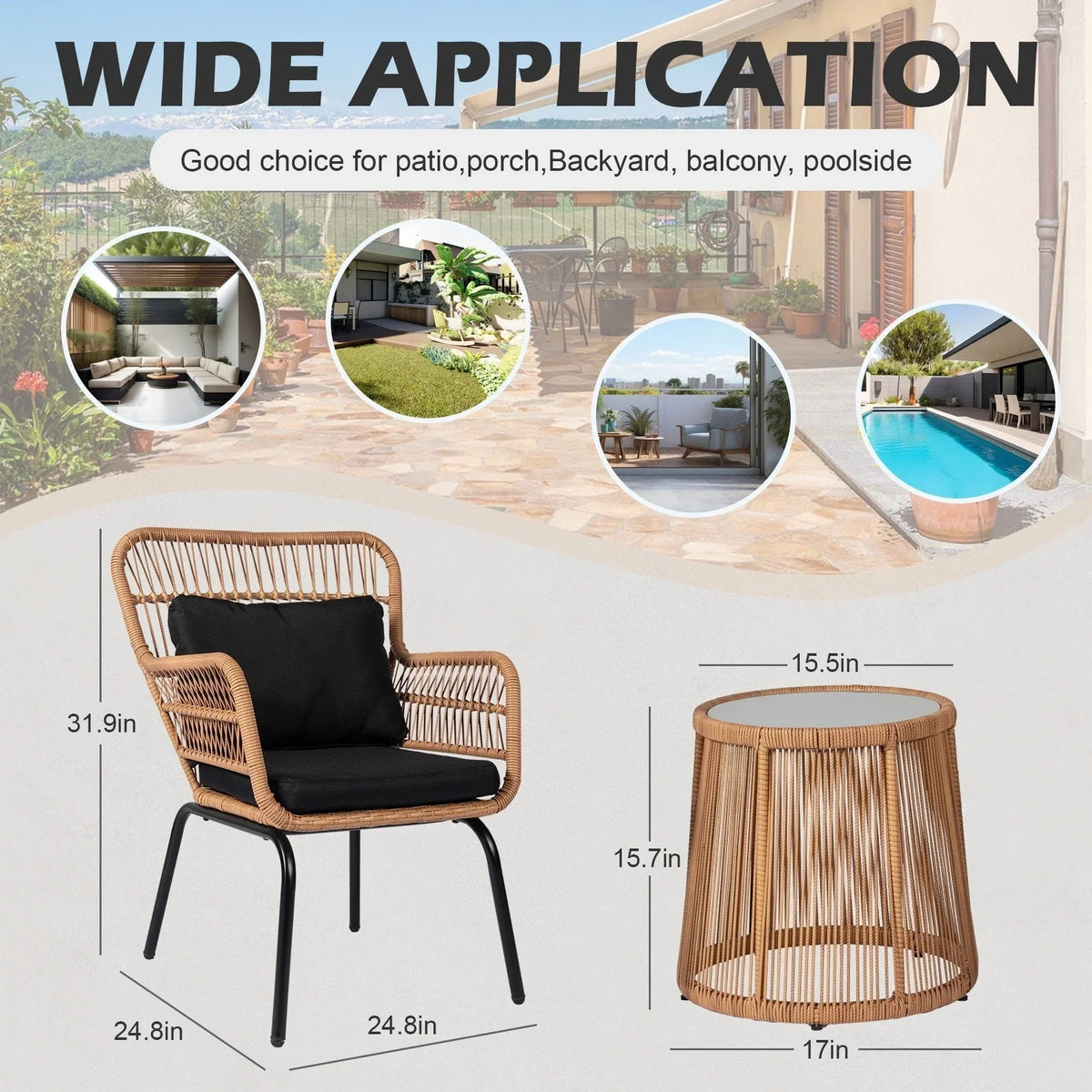 Ensemble bistro de jardin en osier de 3 pièces, ensemble de fauteuils de patio en rotin toutes saisons avec coussins