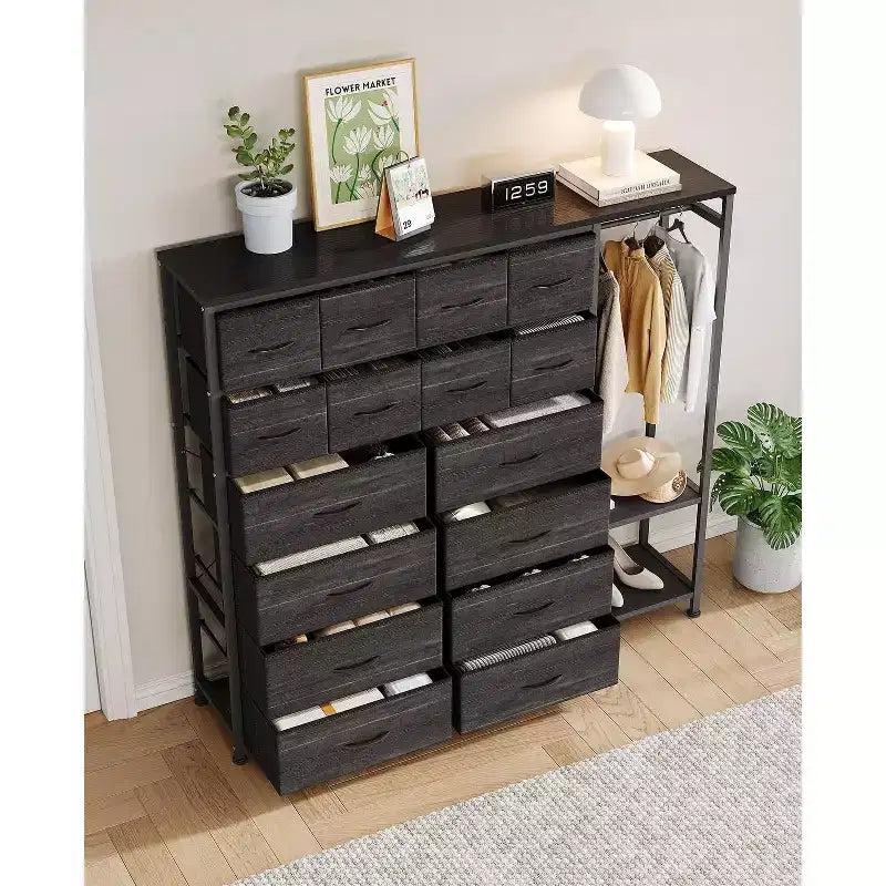 Commode avec 16 tiroirs, tringle de penderie et étagères, organisateur de rangement en tissu pour chambre, placard ou entrée