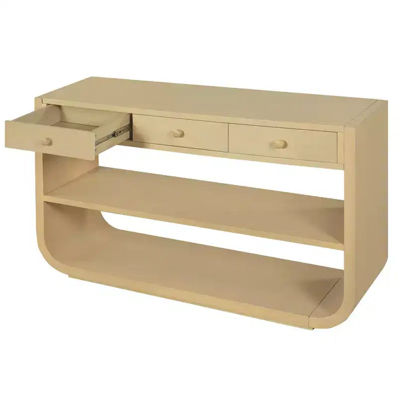 Tavolo consolle curvo ModernLuxe, tavolo d'ingresso, tavolino laterale per divano, espositore, tavolino d'accento con 3 cassetti a chiusura ammortizzata e 2 ripiani aperti
