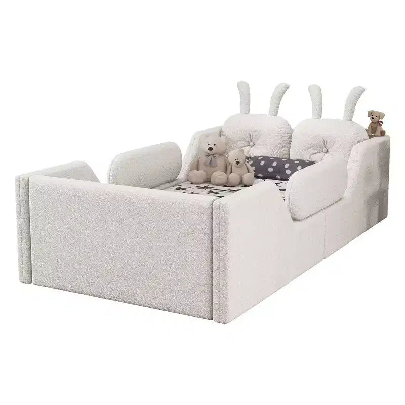 Lit plateforme simple Whisen, cadre de lit rembourré pour enfant au ras du sol avec coussin lapin et barrières latérales amovibles