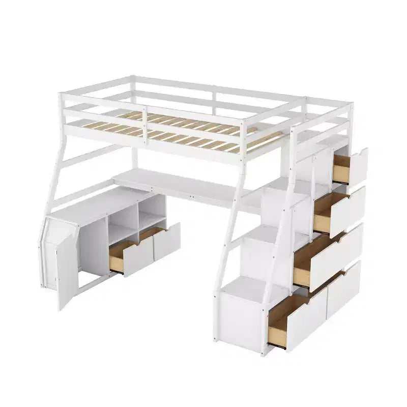 Hochbett in Einzelbettgröße mit 7 Schubladen, 2 Regalböden, Schrank und Schreibtisch für Kinder und Teenager