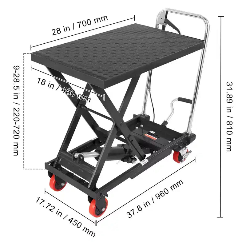 Hydraulic Lift Table Cart, 500lbs Capacity 28.5'' Lifting Height, Manual Single Scissor Lift Table with 4 Wheels and Non-slip Pad